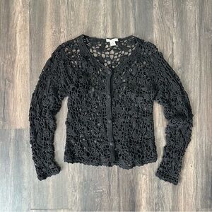 Vintage Black Crochet Cardigan Arendine Button Front Long Sleeve Goth Alt Medium